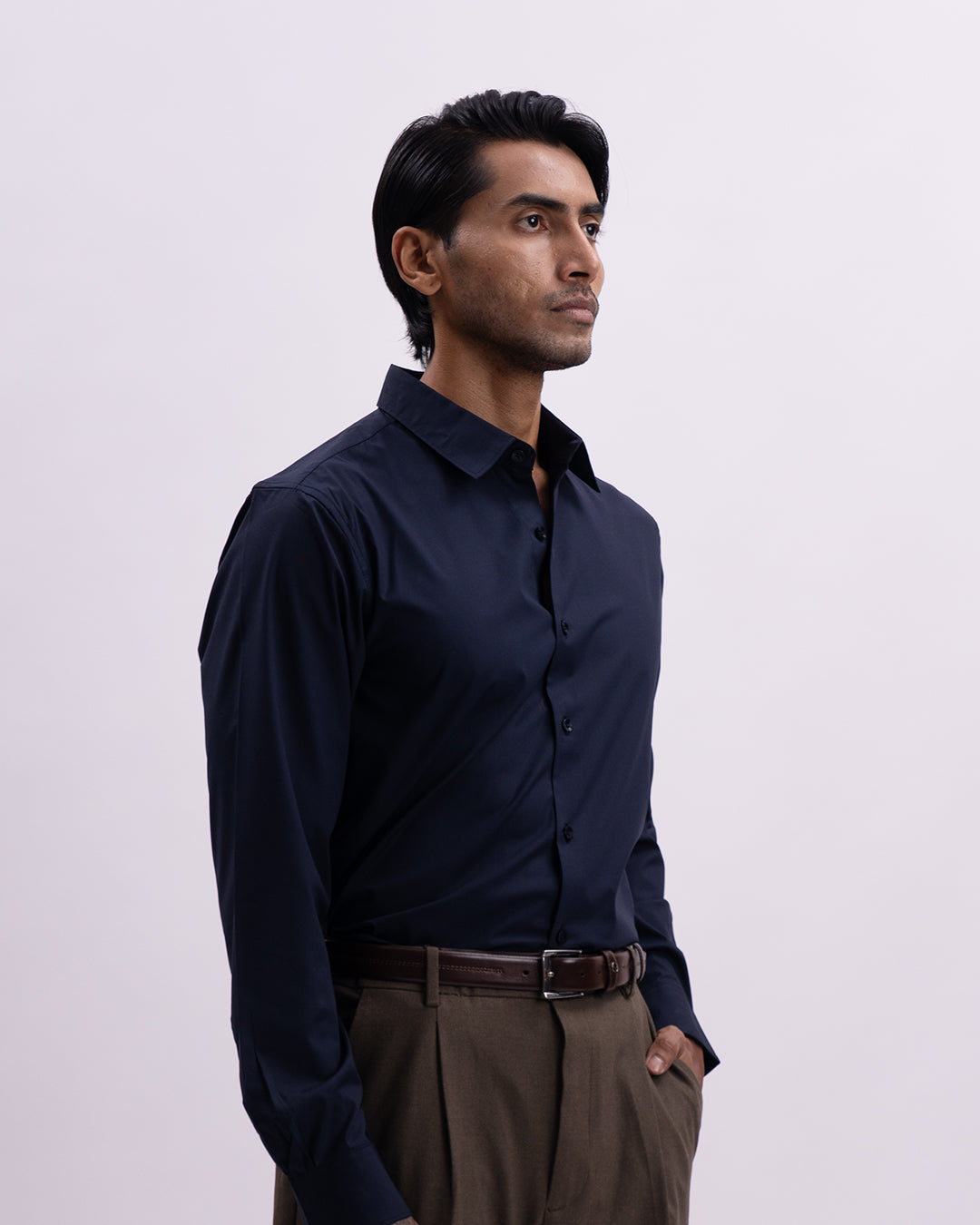 Easy Iron Bamboo Tailored Shirt In Navy