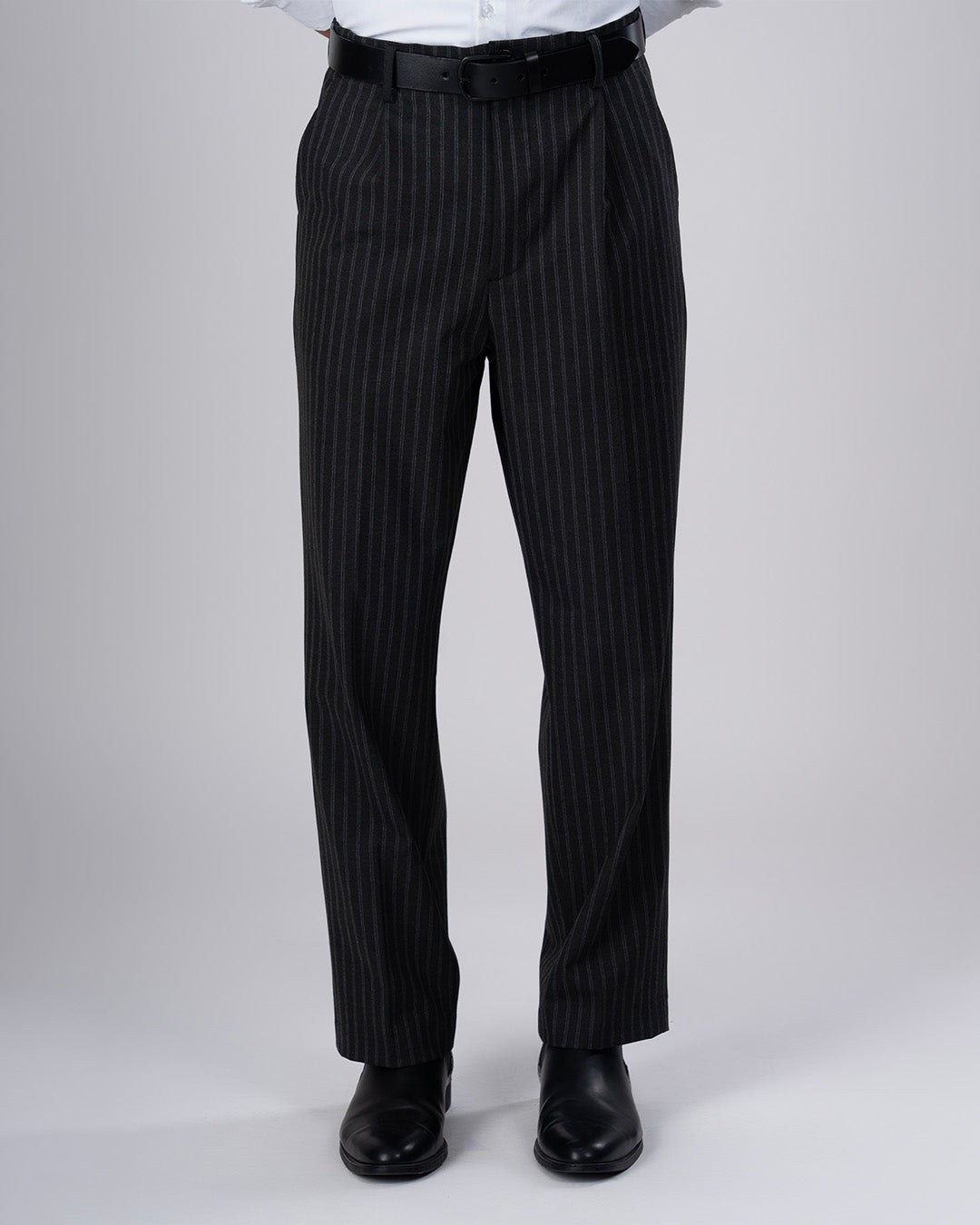 Easy Iron Striped Relaxed Trousers In Dark Grey