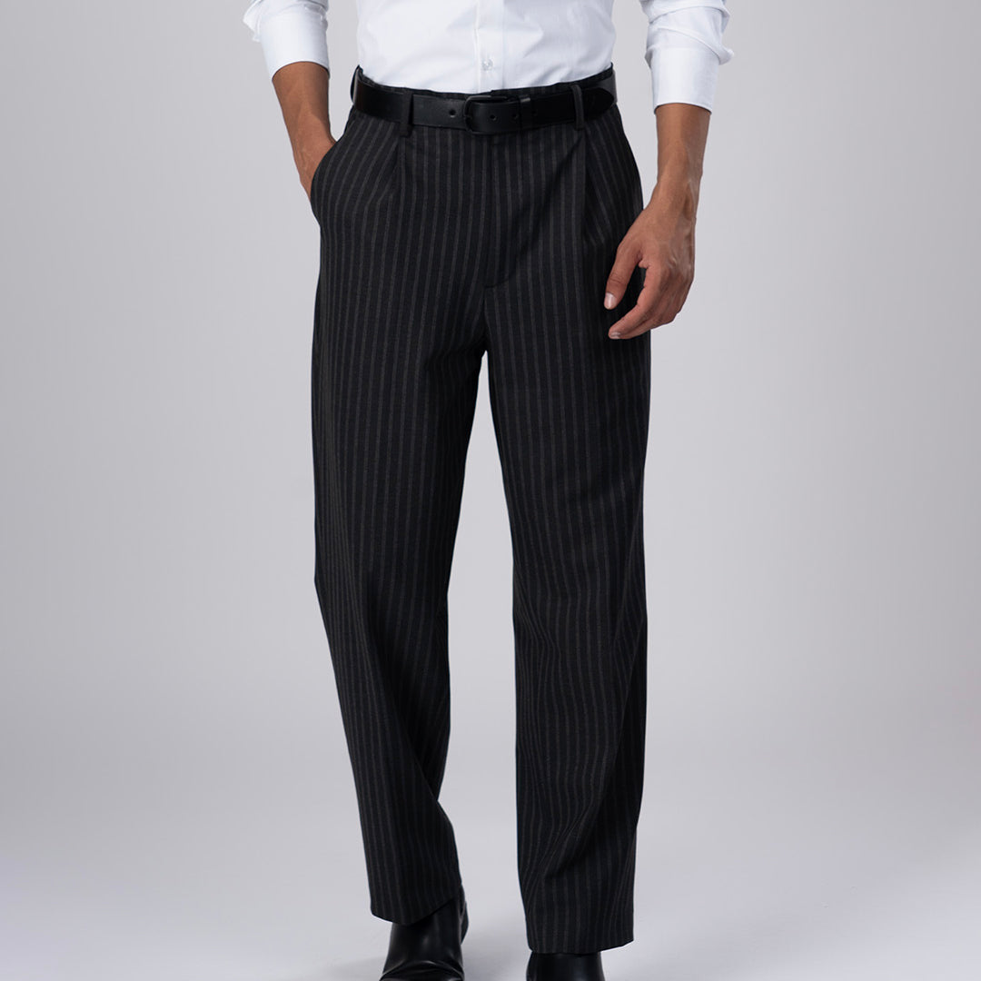 Easy Iron Striped Relaxed Trousers In Dark Grey