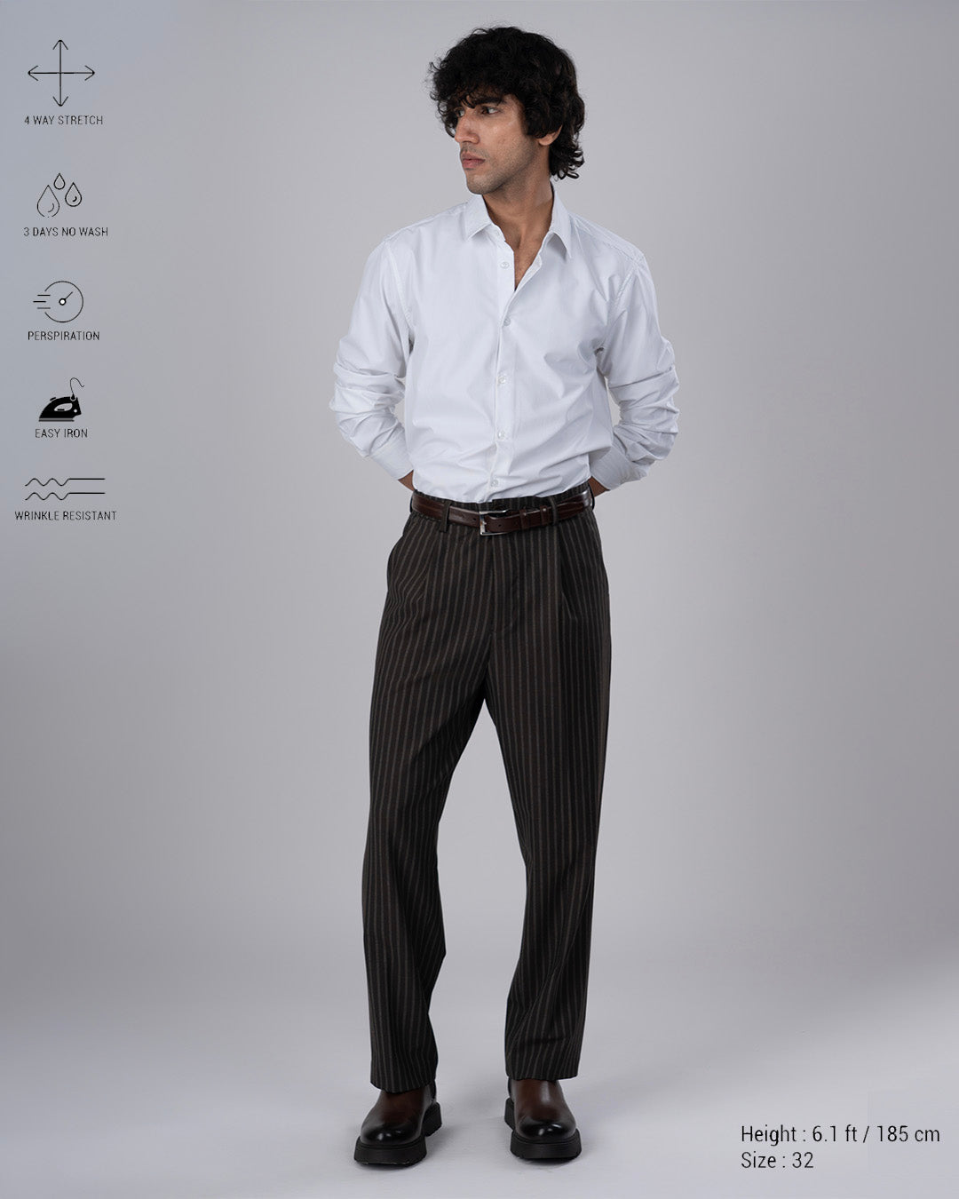 Easy Iron Striped Relaxed Trousers In Brown