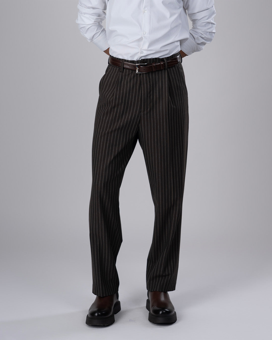 Easy Iron Striped Relaxed Trousers In Brown