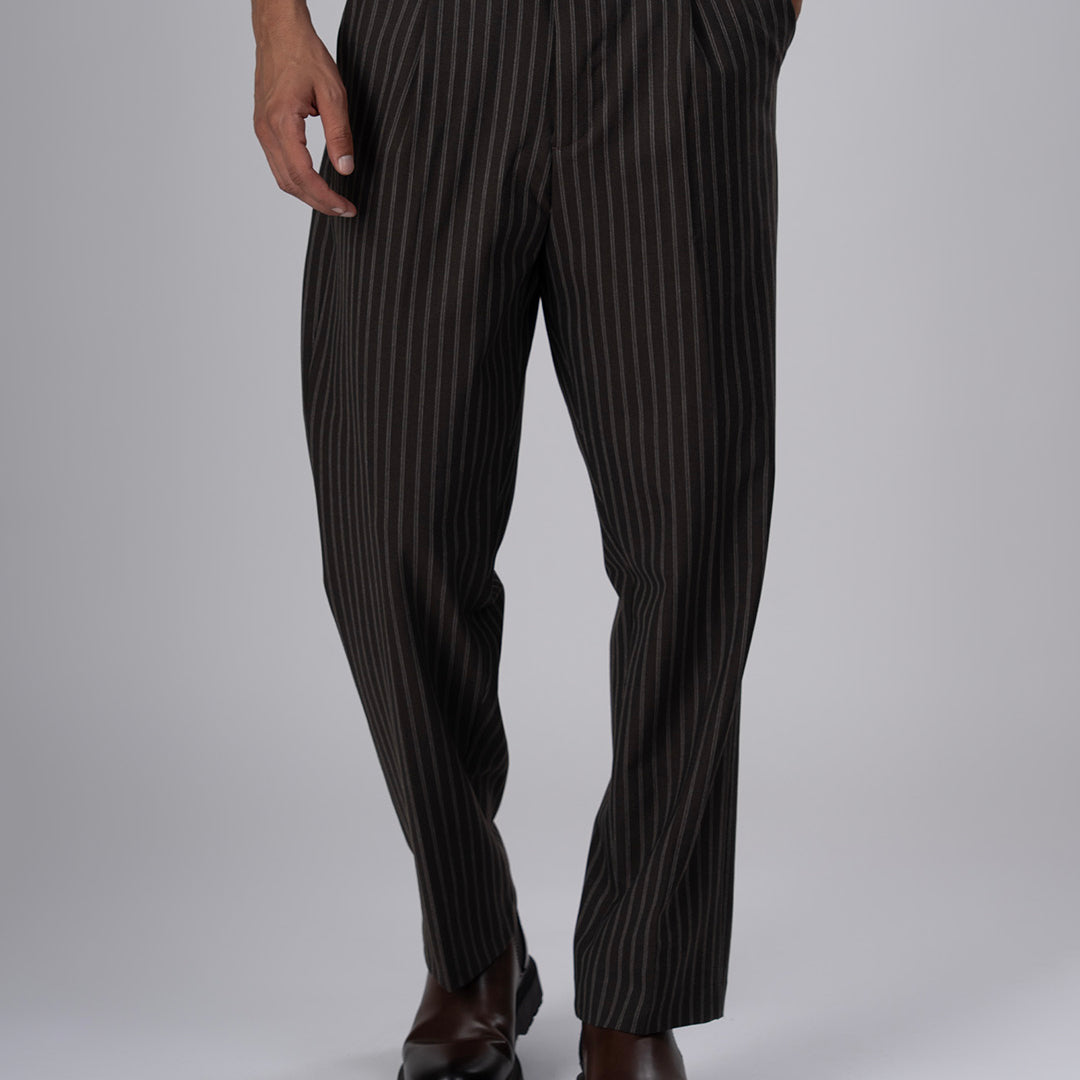 Easy Iron Striped Relaxed Trousers In Brown
