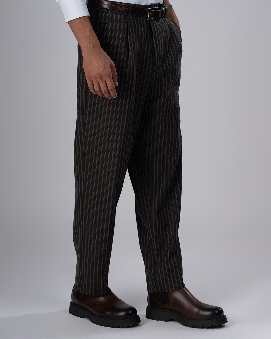 Easy Iron Striped Relaxed Trousers In Brown