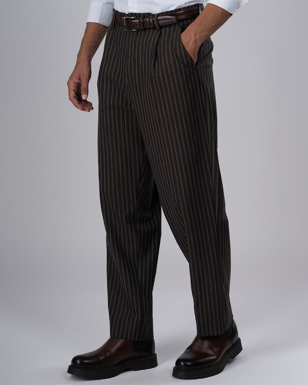 Easy Iron Striped Relaxed Trousers In Brown