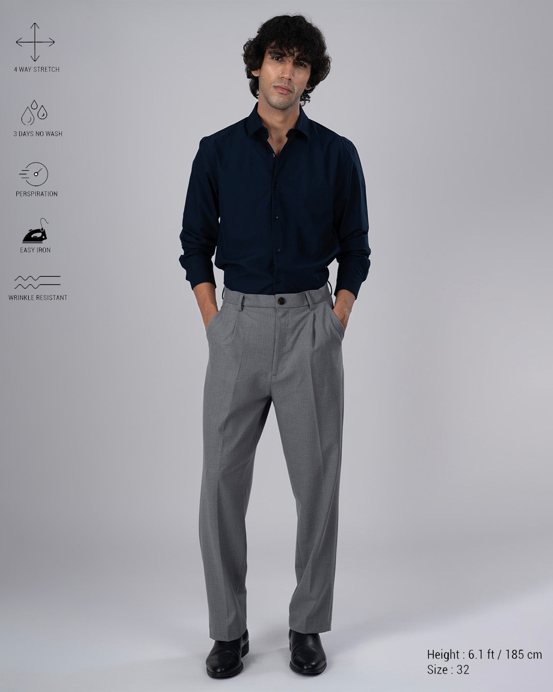 Easy Iron Striped Relaxed Trousers In Light Grey