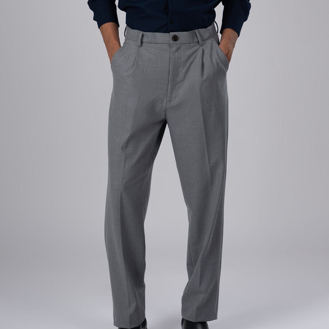 Easy Iron Striped Relaxed Trousers In Light Grey
