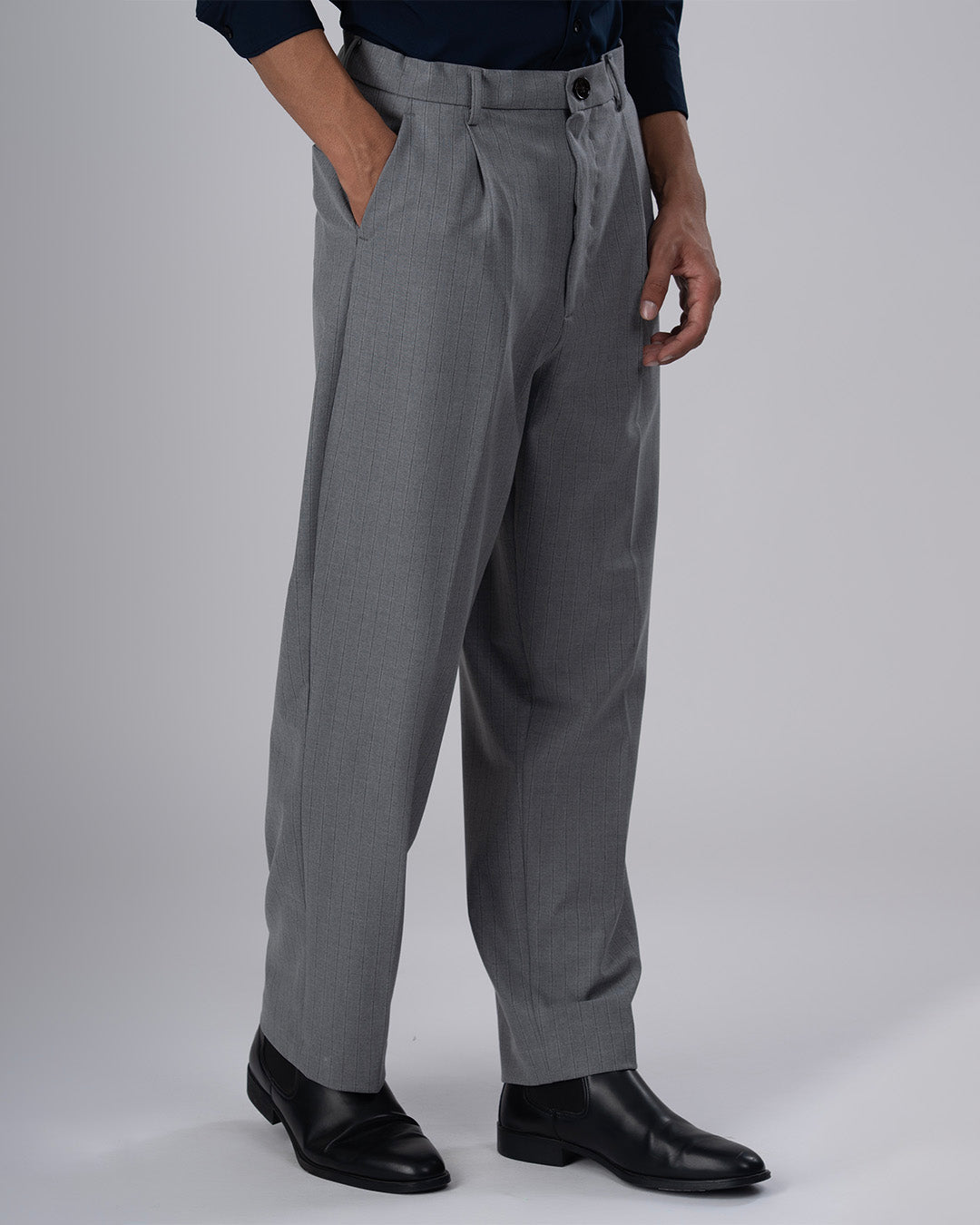 Easy Iron Striped Relaxed Trousers In Light Grey