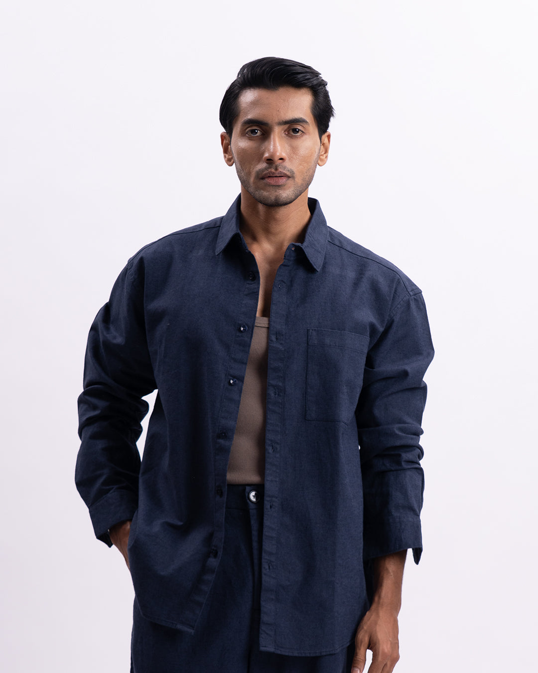 Linen Viscose Relaxed Shirt In Navy
