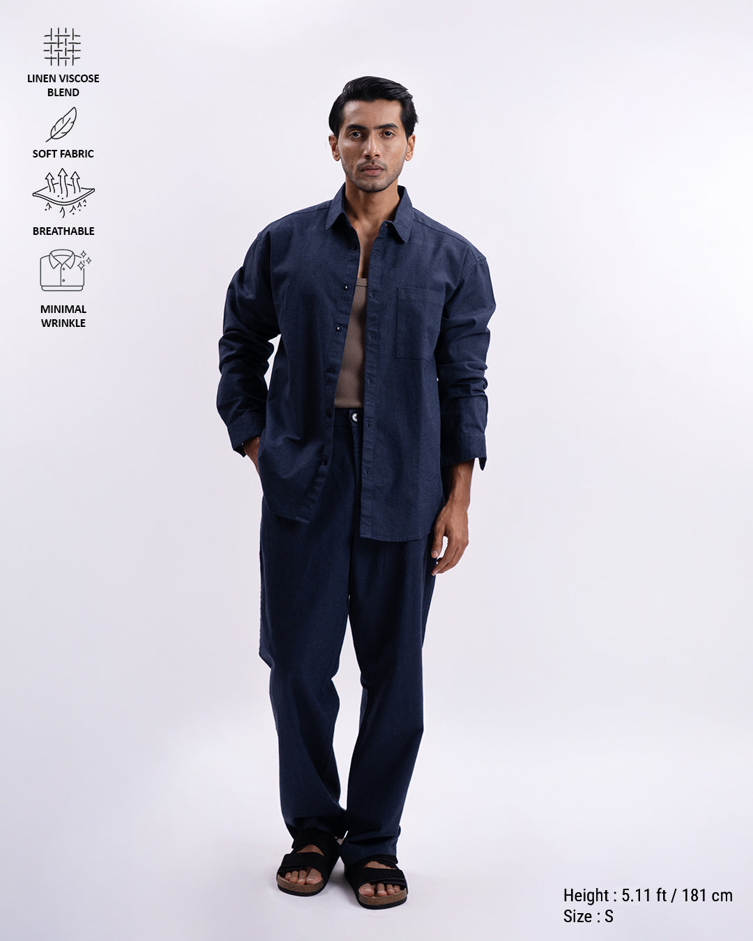 Linen Viscose Relaxed Shirt In Navy
