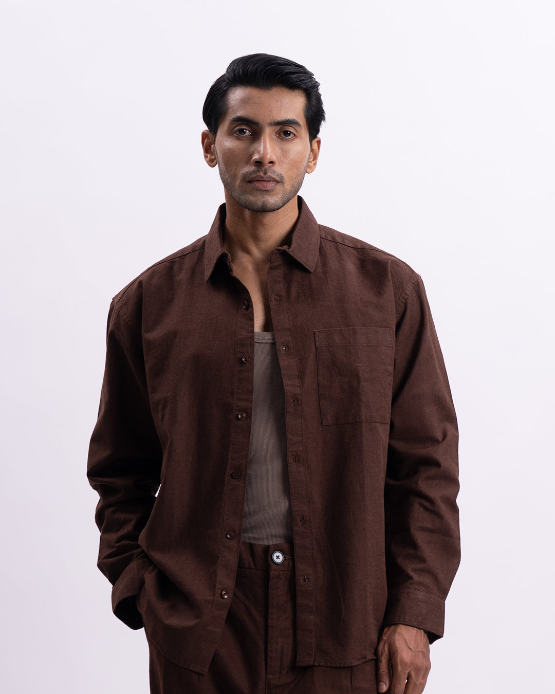 Linen Viscose Relaxed Shirt In Brown