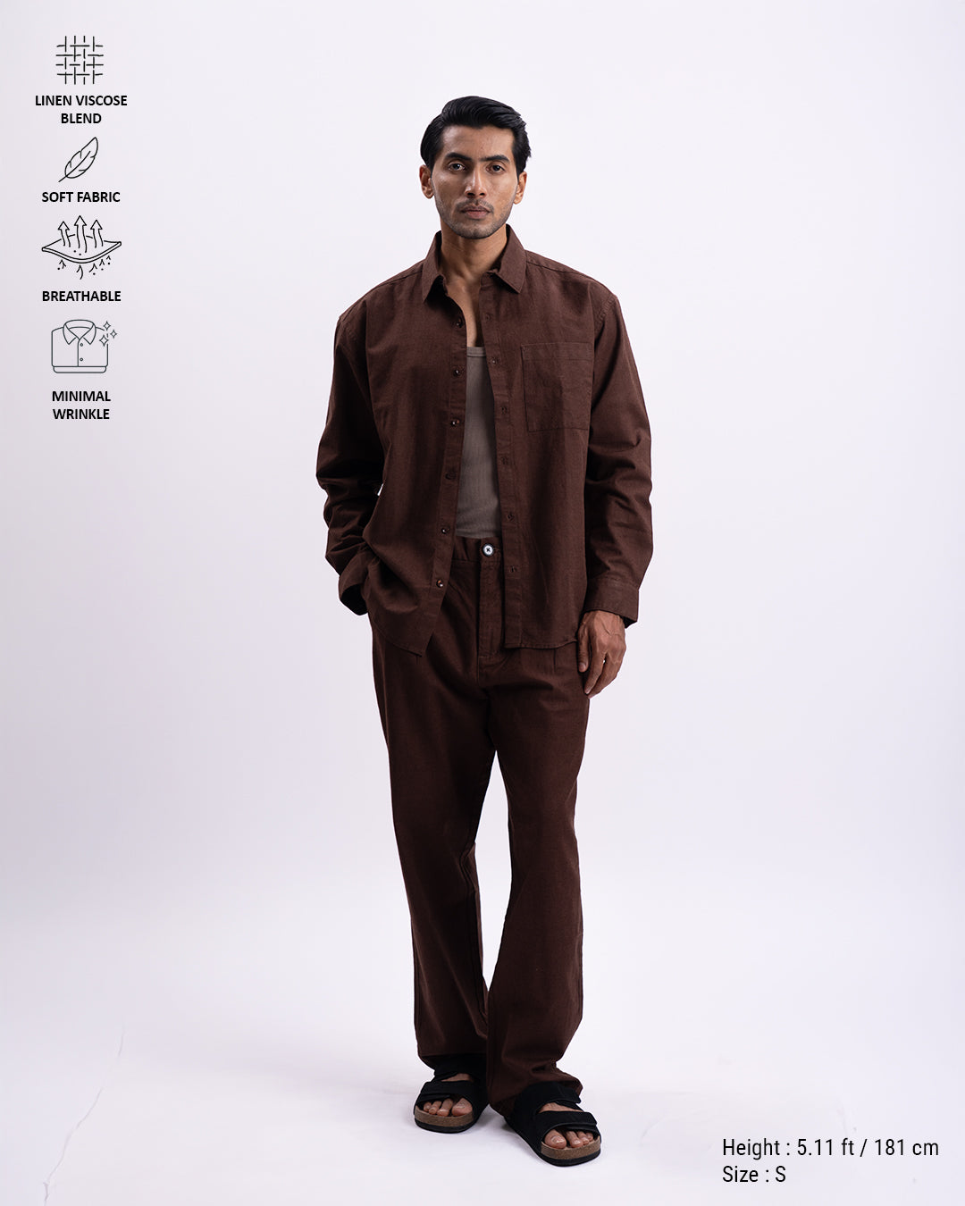 Linen Viscose Relaxed Shirt In Brown