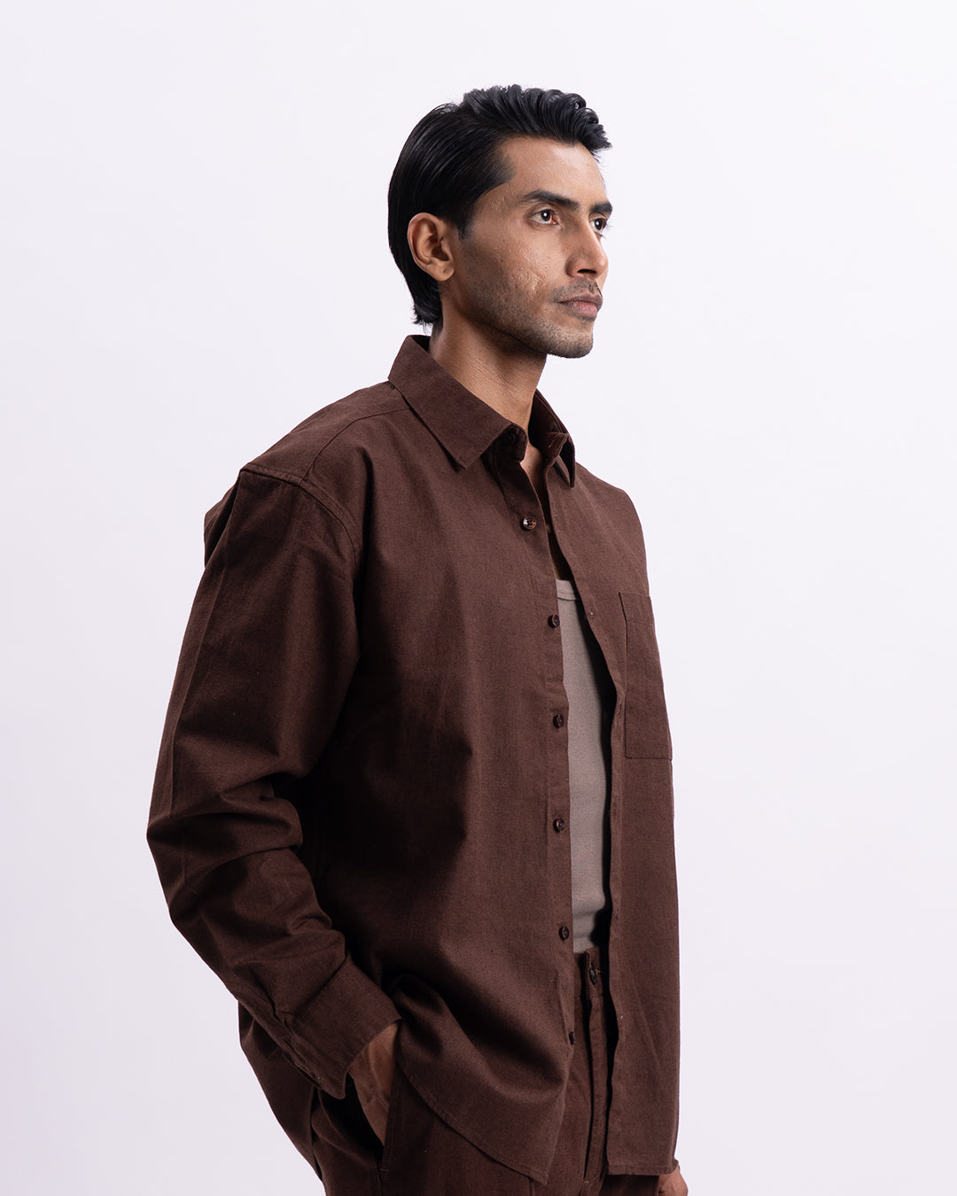 Linen Viscose Relaxed Shirt In Brown