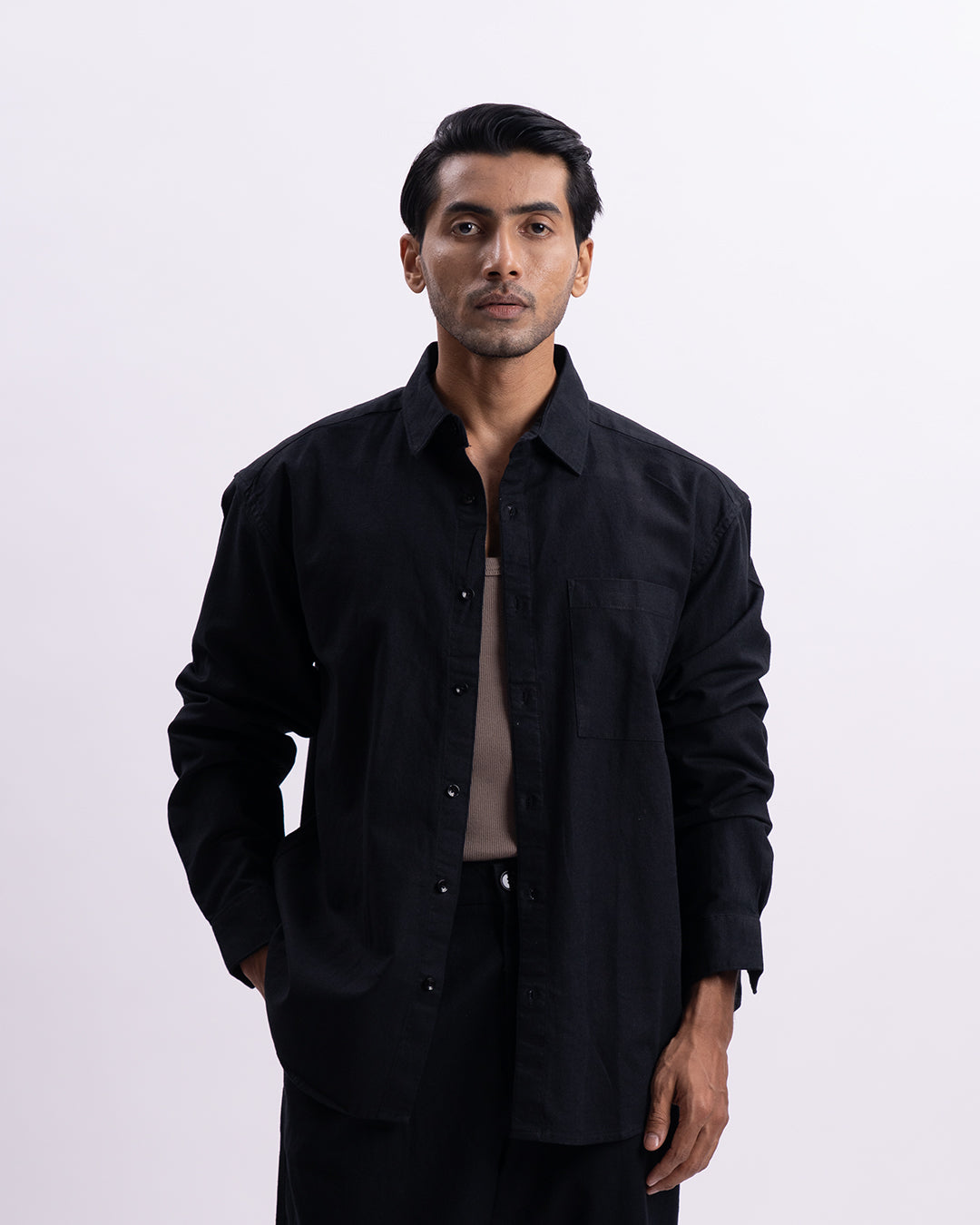 Linen Viscose Relaxed Shirt In Black