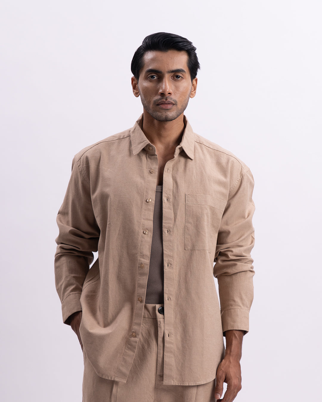 Linen Viscose Relaxed Shirt In Khakhi