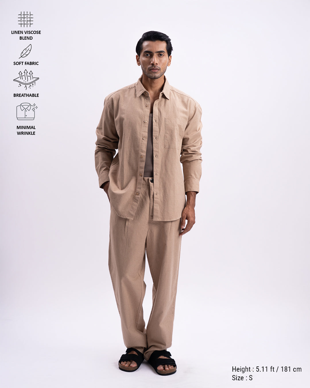 Linen Viscose Relaxed Shirt In Khakhi