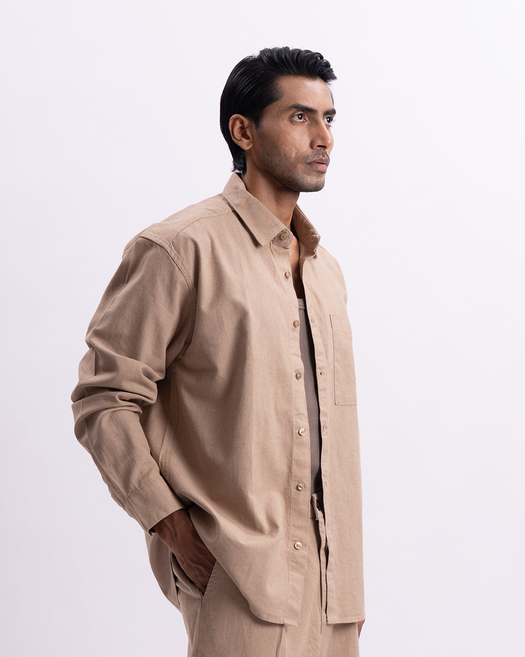 Linen Viscose Relaxed Shirt In Khakhi