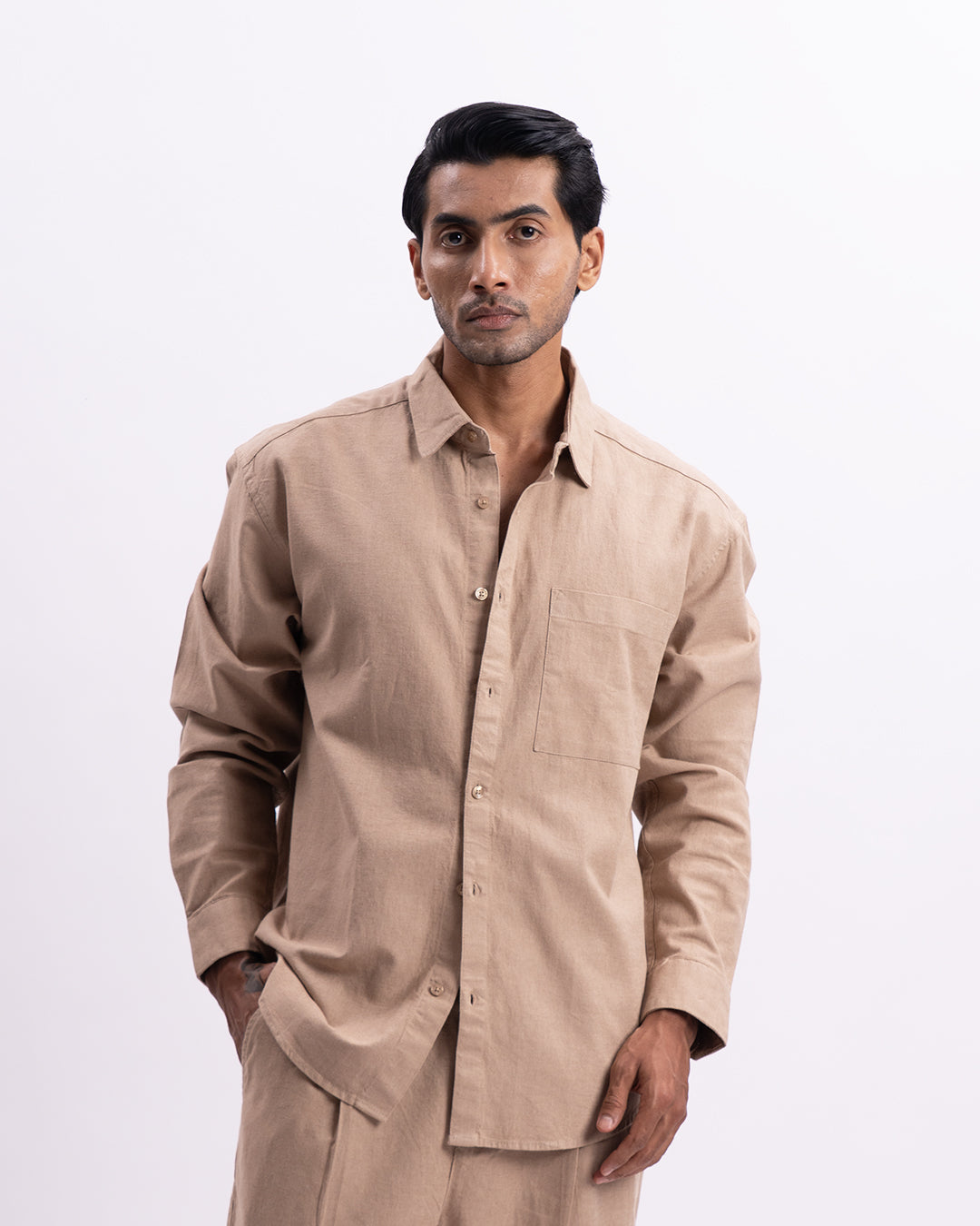 Linen Viscose Relaxed Shirt In Khakhi