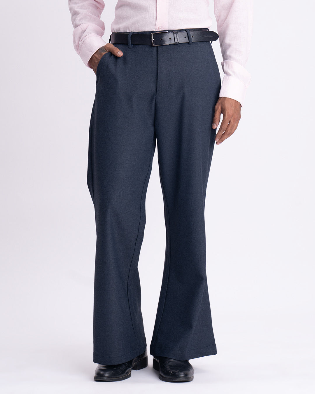 Easy Iron Bell Bottom Relaxed Trousers In Navy