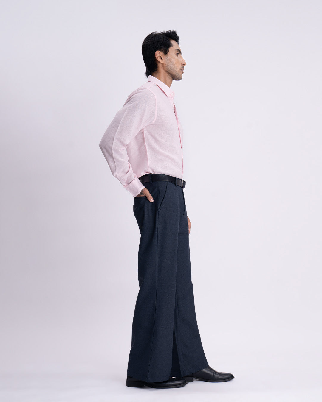 Easy Iron Bell Bottom Relaxed Trousers In Navy