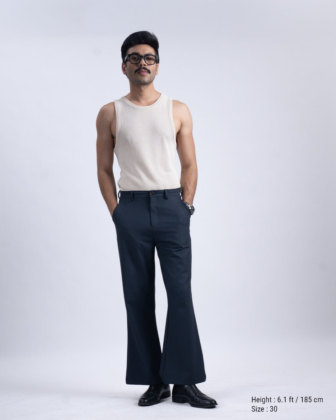 Easy Iron Bell Bottom Trousers In Navy