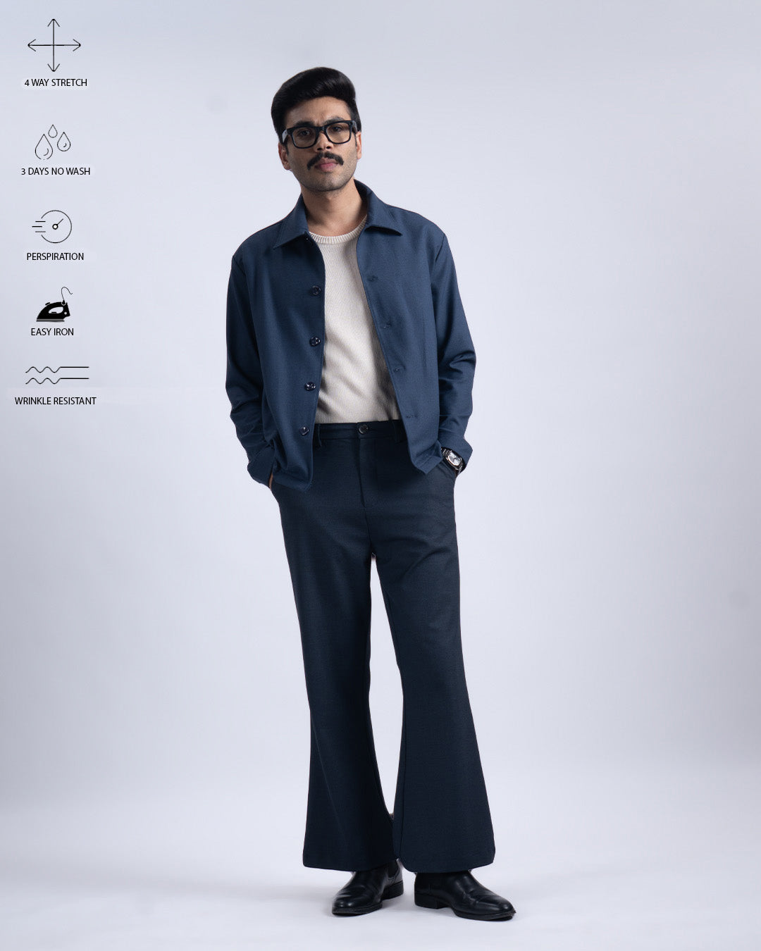 Easy Iron Bell Bottom Relaxed Trousers In Navy