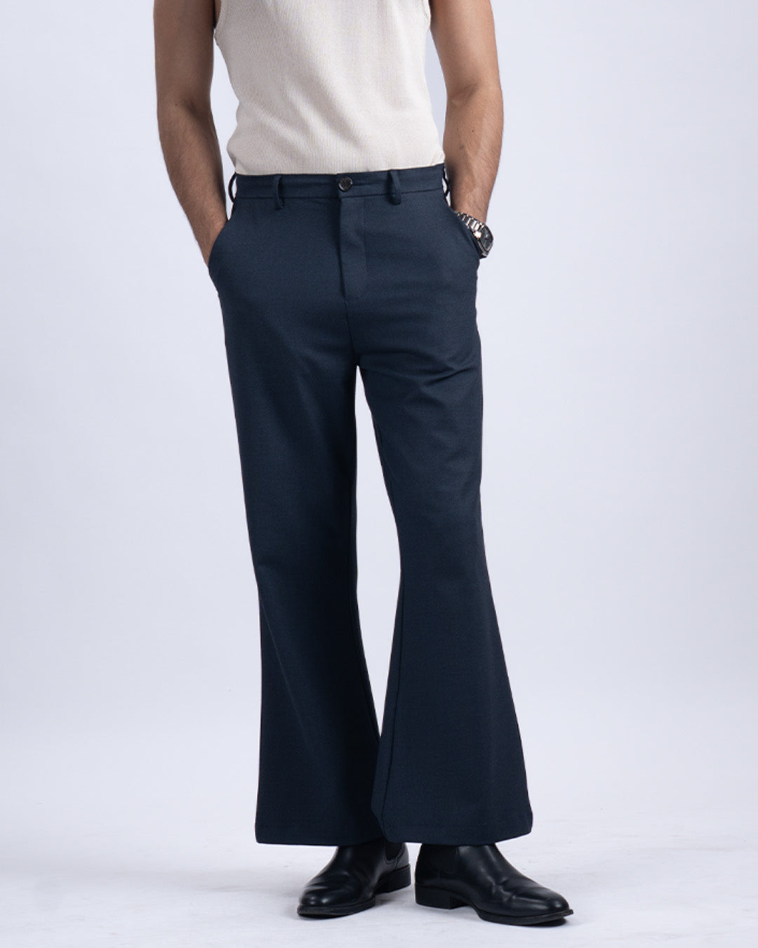 Easy Iron Bell Bottom Trousers In Navy
