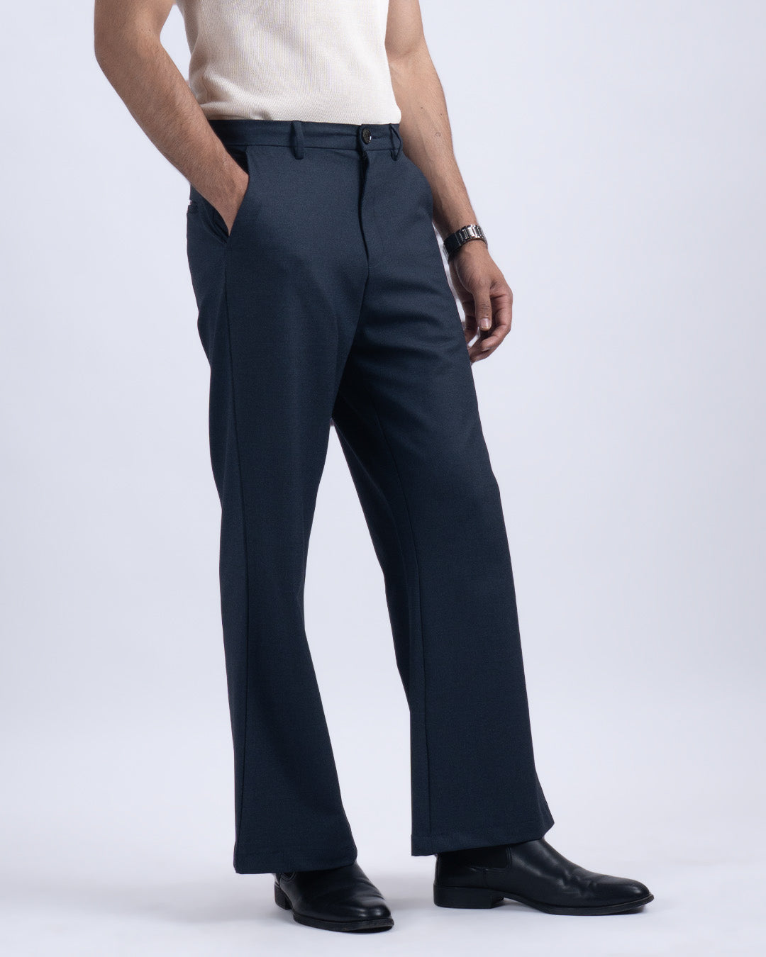 Easy Iron Bell Bottom Trousers In Navy
