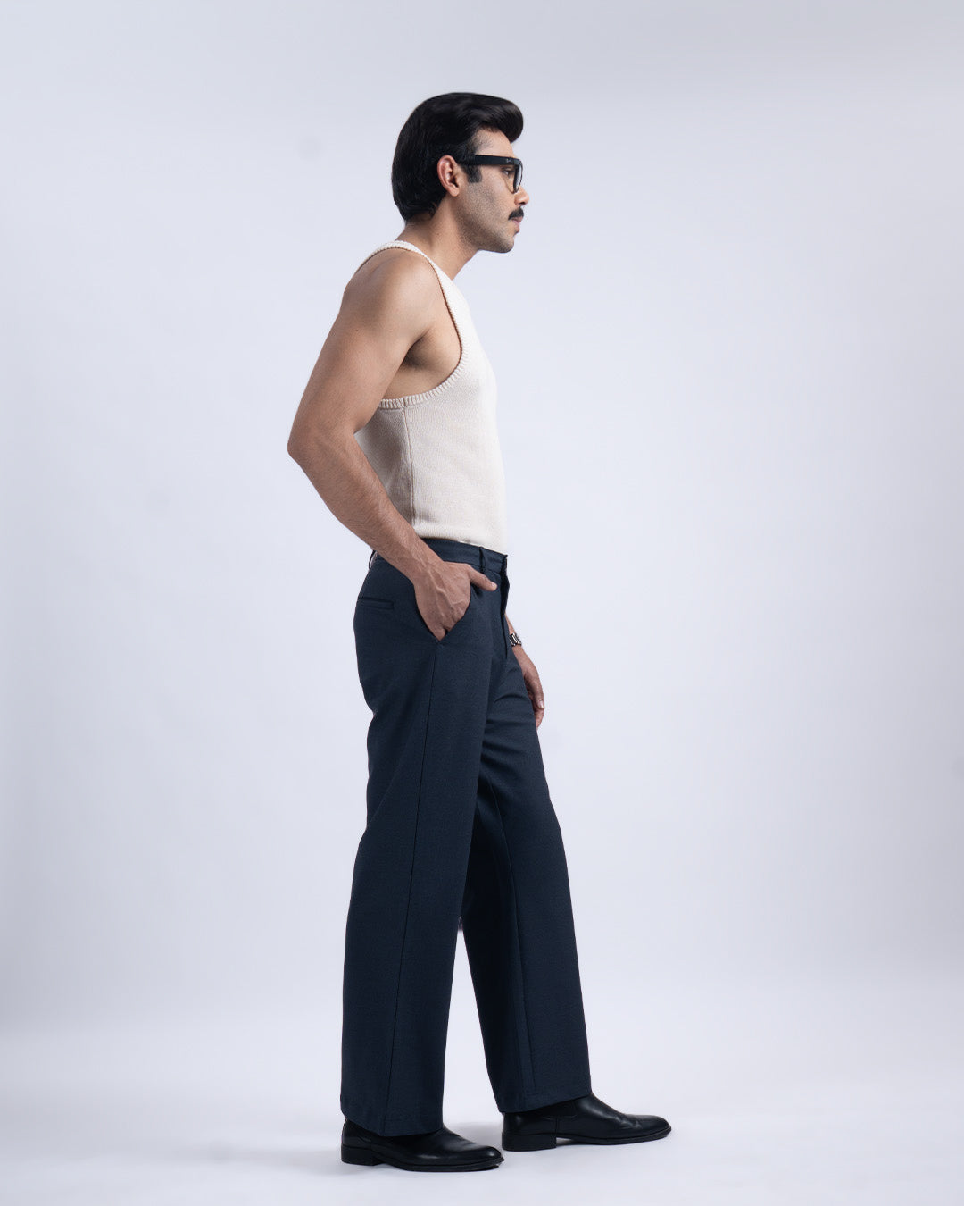 Easy Iron Bell Bottom Trousers In Navy