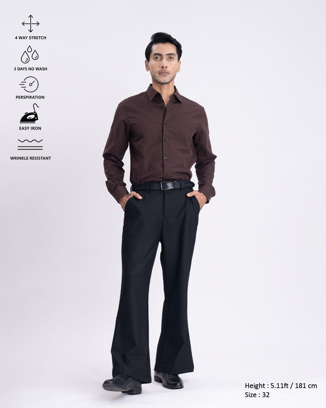 Easy Iron Bell Bottom Relaxed Trousers In Black