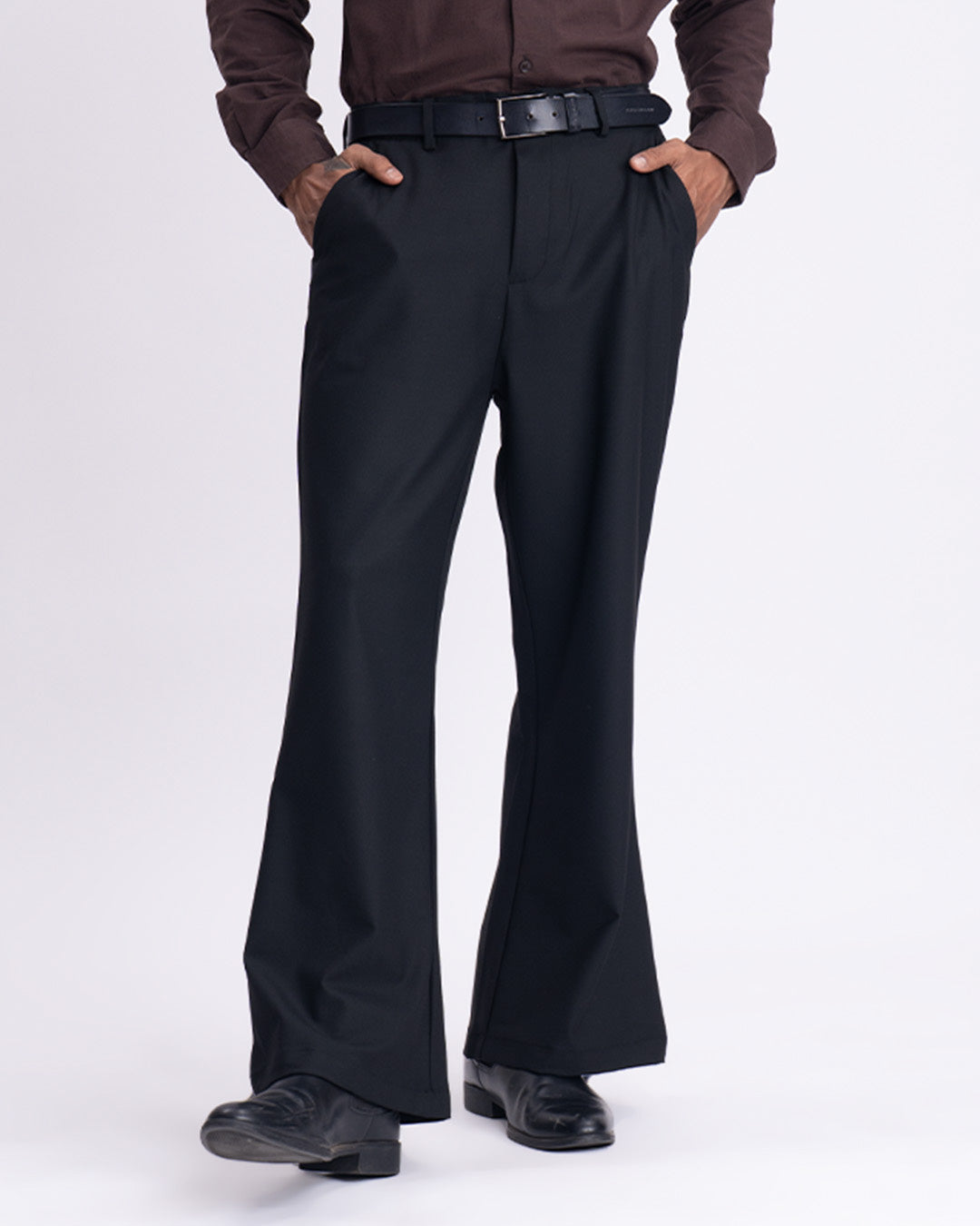 Easy Iron Bell Bottom Relaxed Trousers In Black