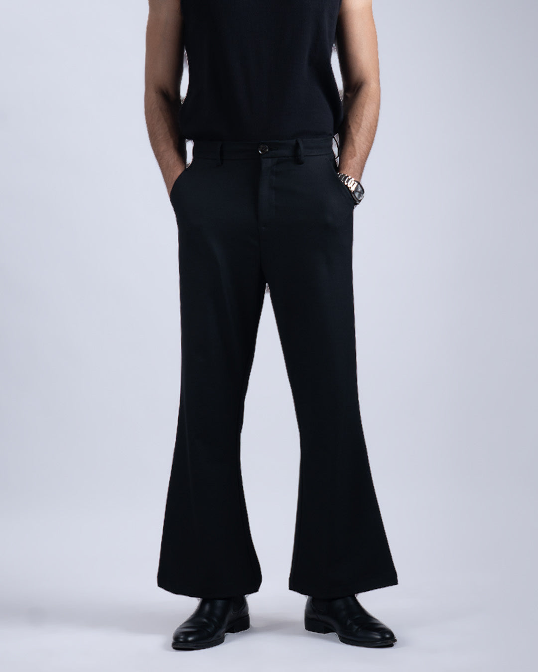 Easy Iron Bell Bottom Relaxed Trousers In Black