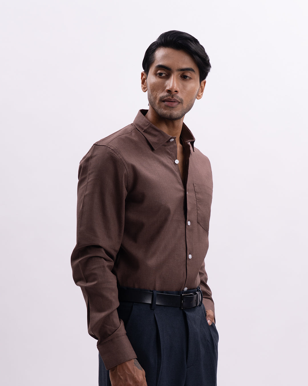 Linen Tencel Tailored Formal Shirt In Brown