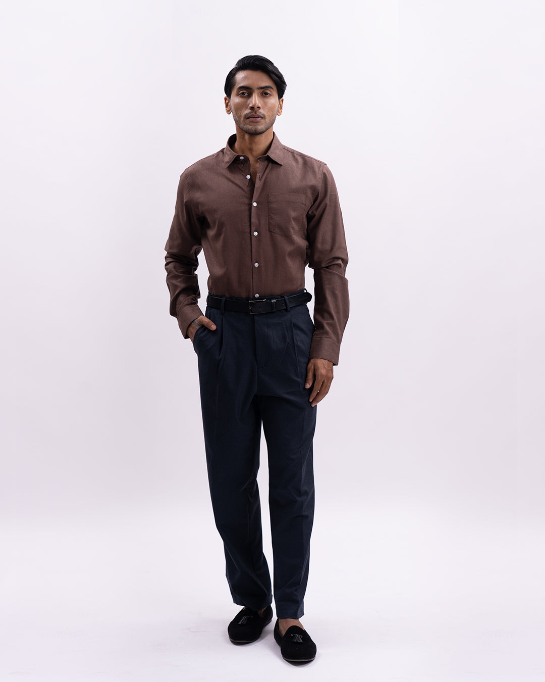 Linen Tencel Tailored Formal Shirt In Brown