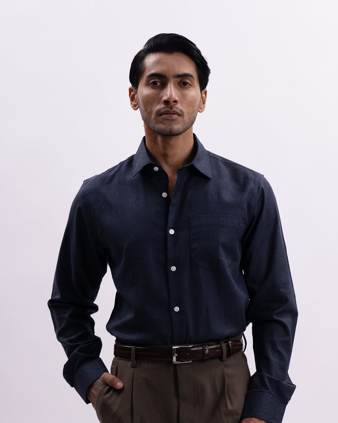 Linen Tencel Tailored Formal Shirt In Navy