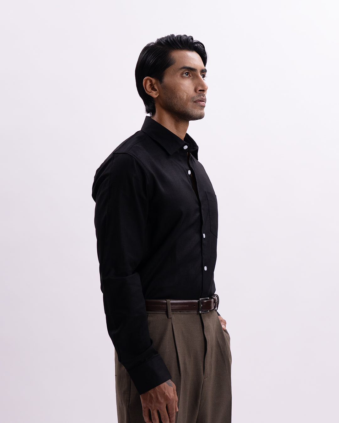 Linen Tencel Tailored Formal Shirt In Black