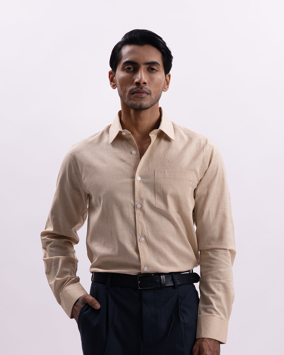 Linen Tencel Tailored Formal Shirt In Beige