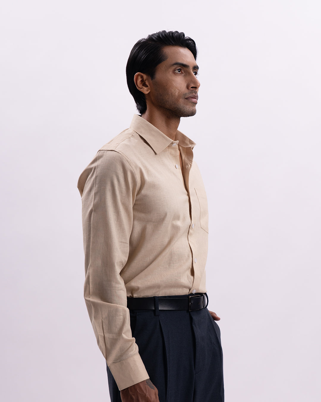 Linen Tencel Tailored Formal Shirt In Beige