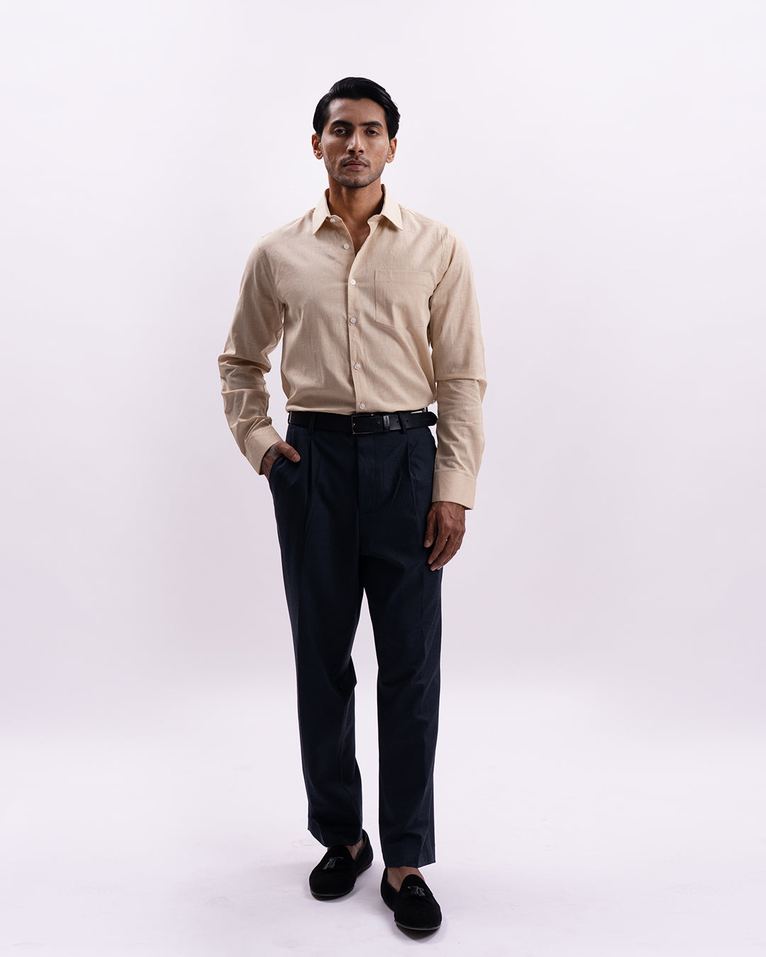 Linen Tencel Tailored Formal Shirt In Beige