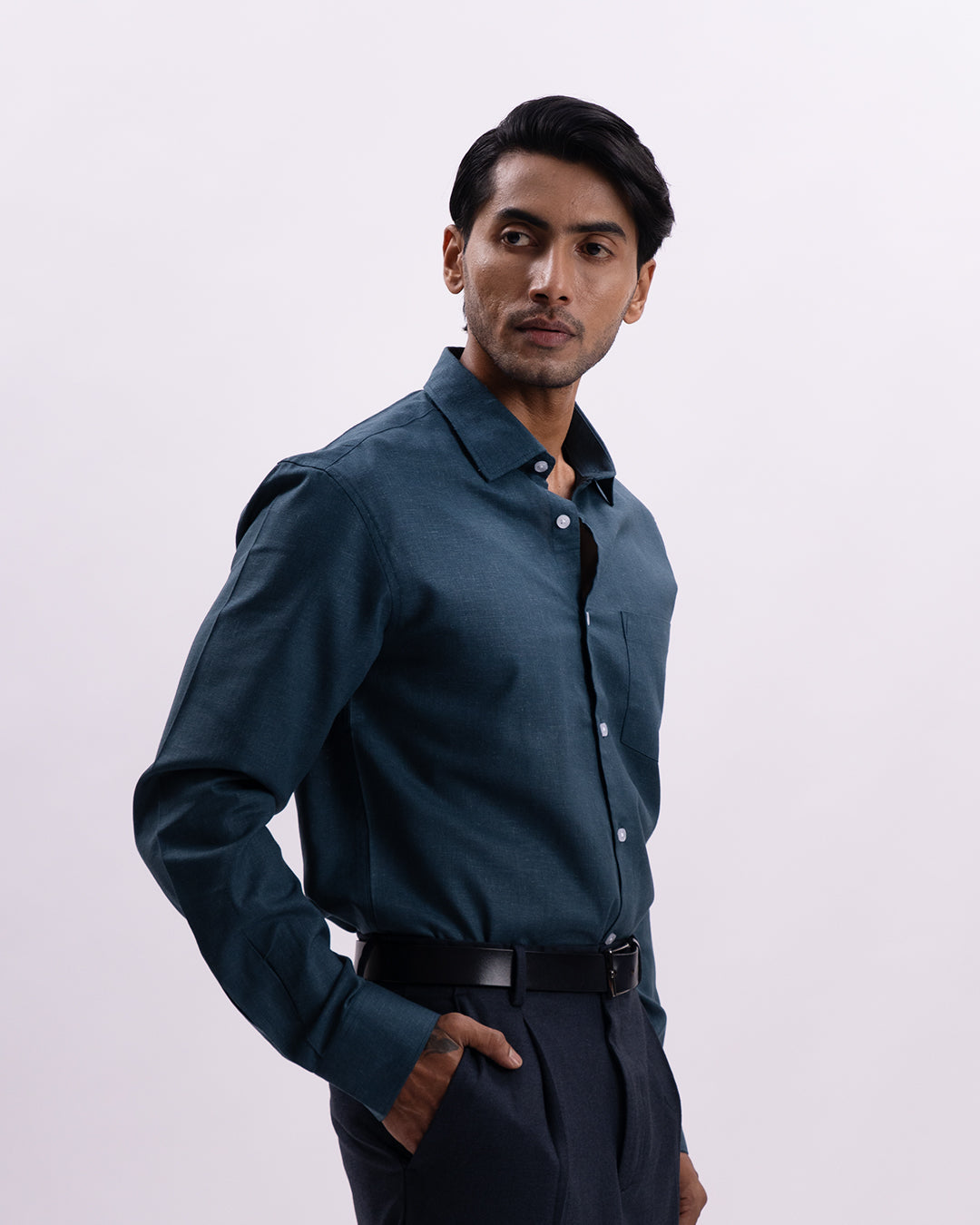 Linen Tencel Tailored Formal Shirt In Green