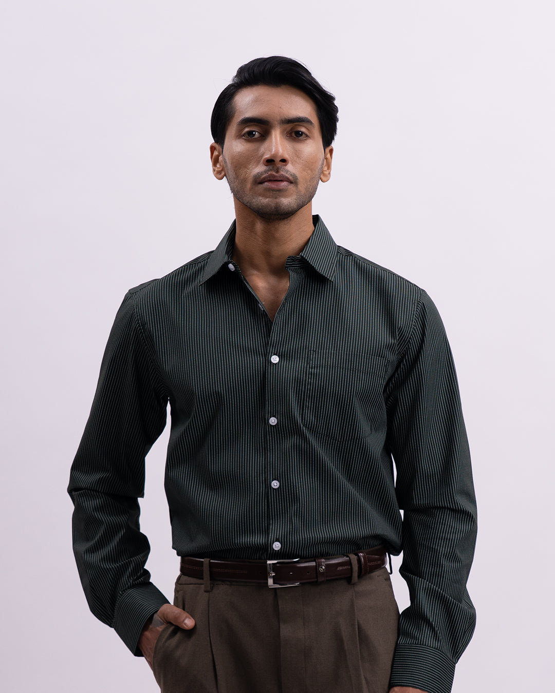 Striped Cotton Formal Shirt In Olive