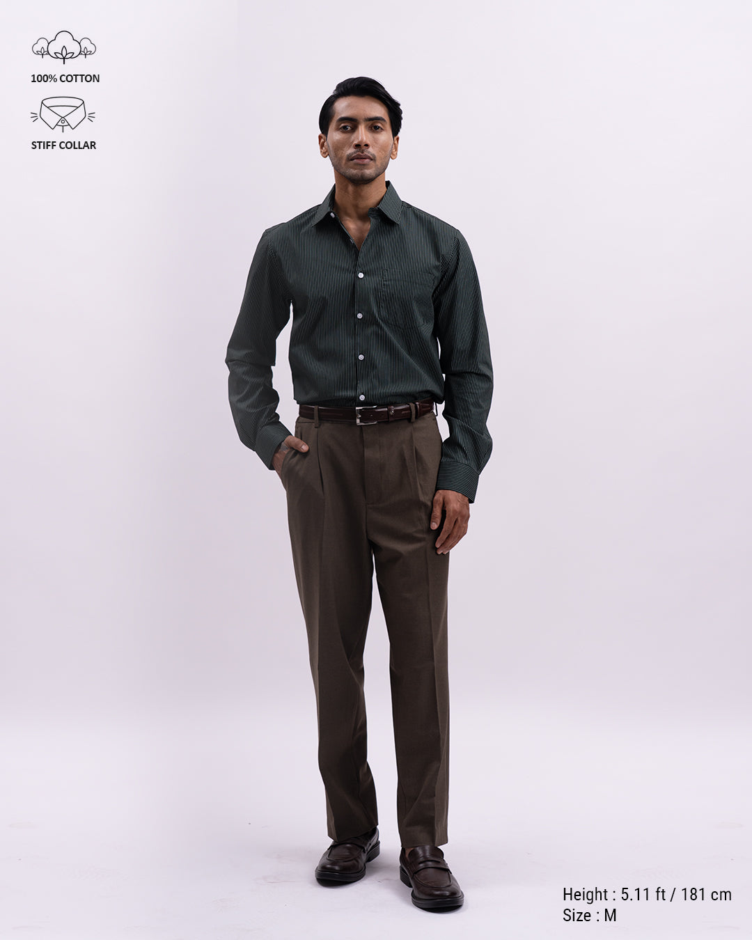 Striped Cotton Formal Shirt In Olive