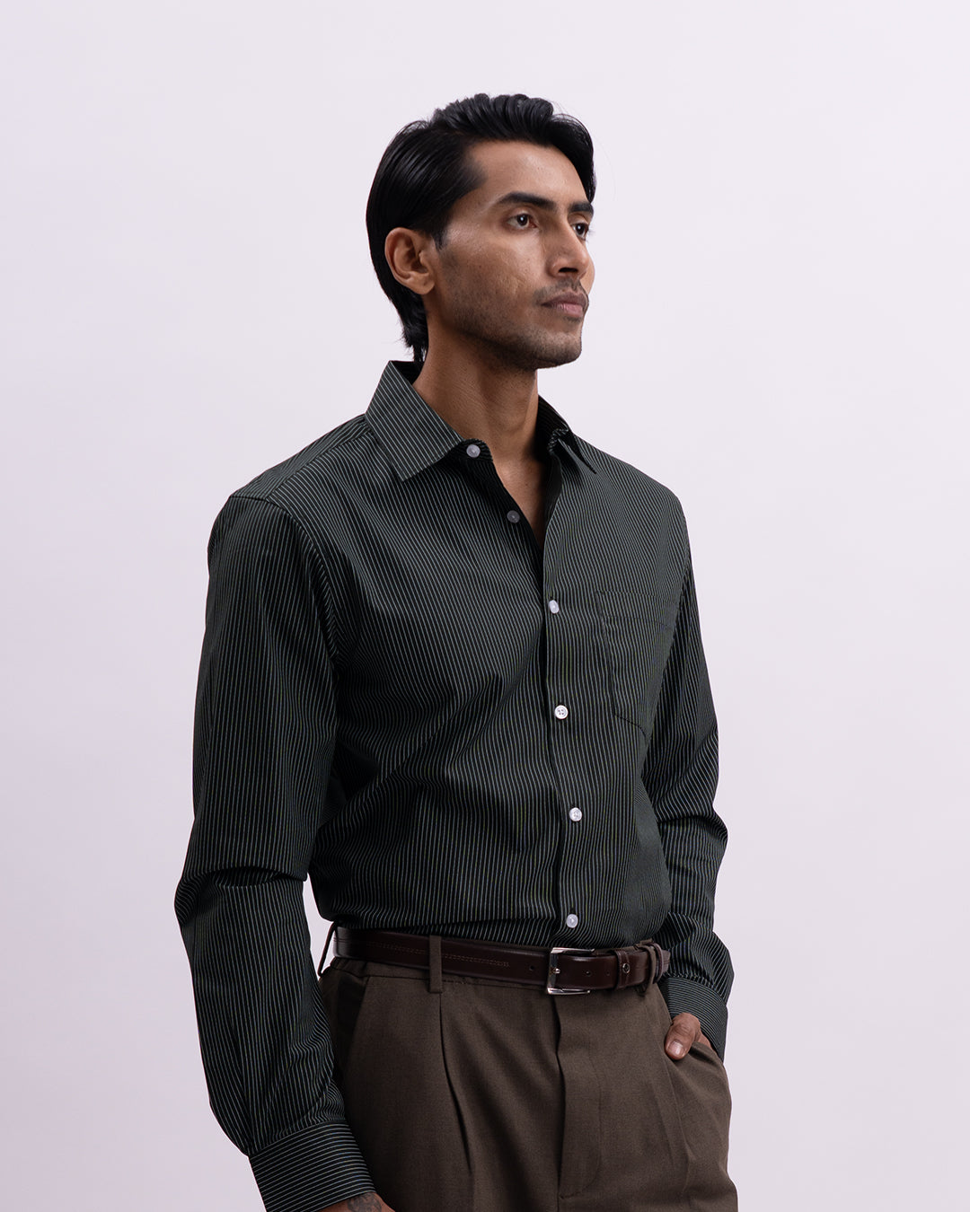 Striped Cotton Formal Shirt In Olive