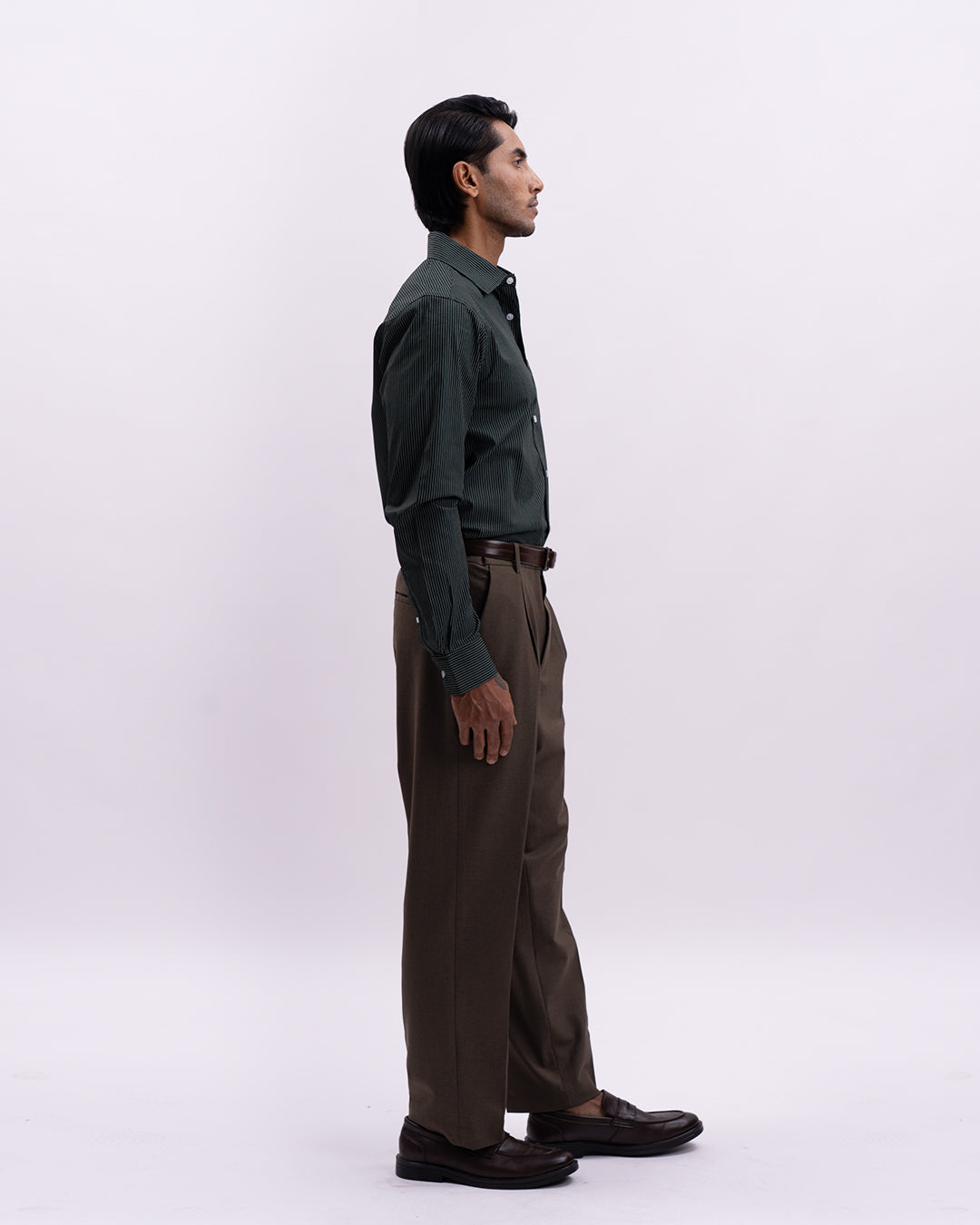 Striped Cotton Formal Shirt In Olive