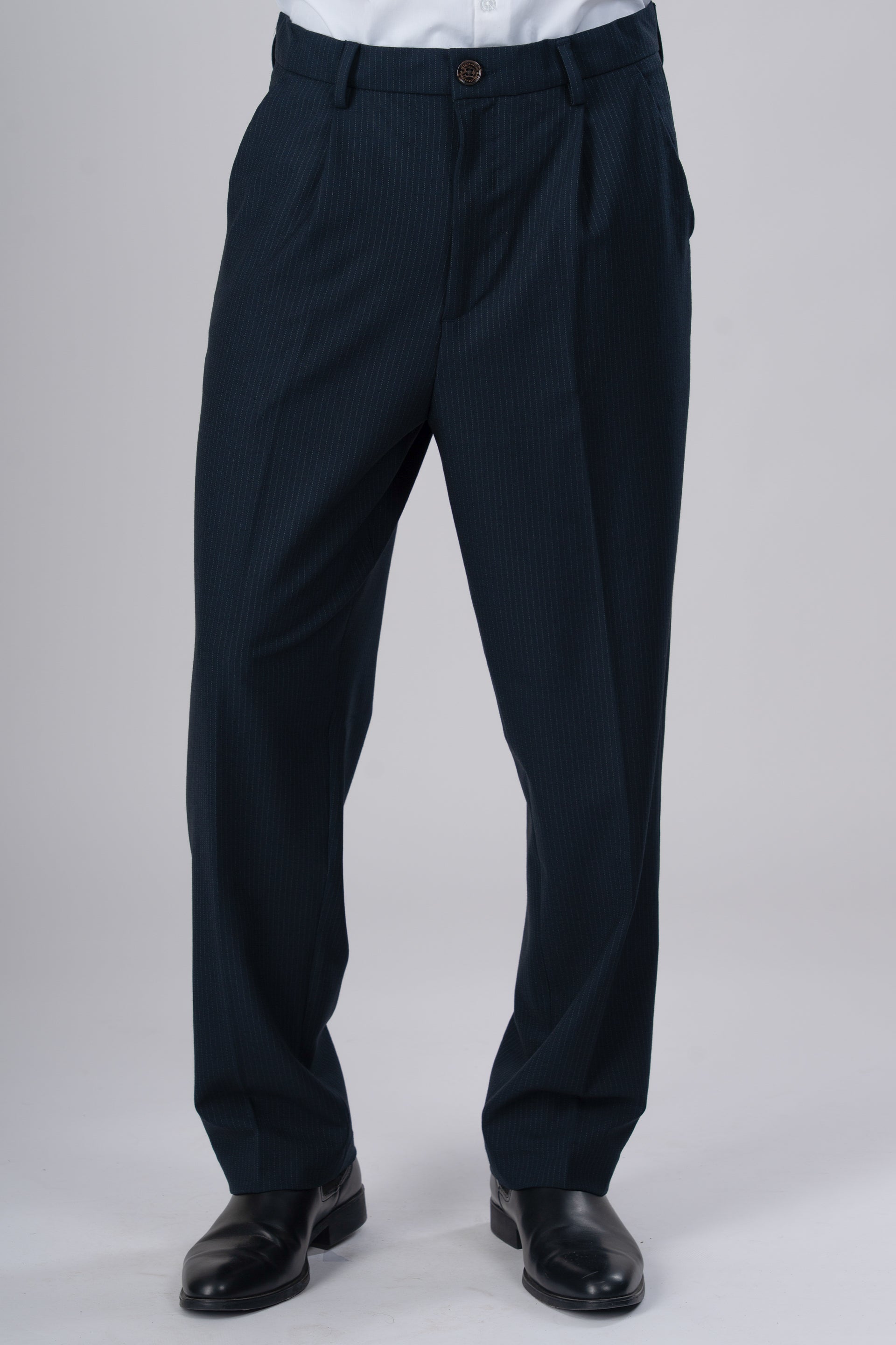 Easy Iron Pinstriped Relaxed Trousers In Navy