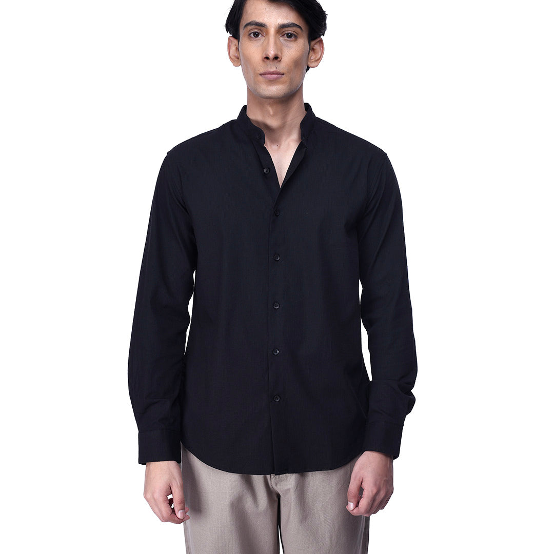 Easy Iron Textured Mandarin Shirt In Black