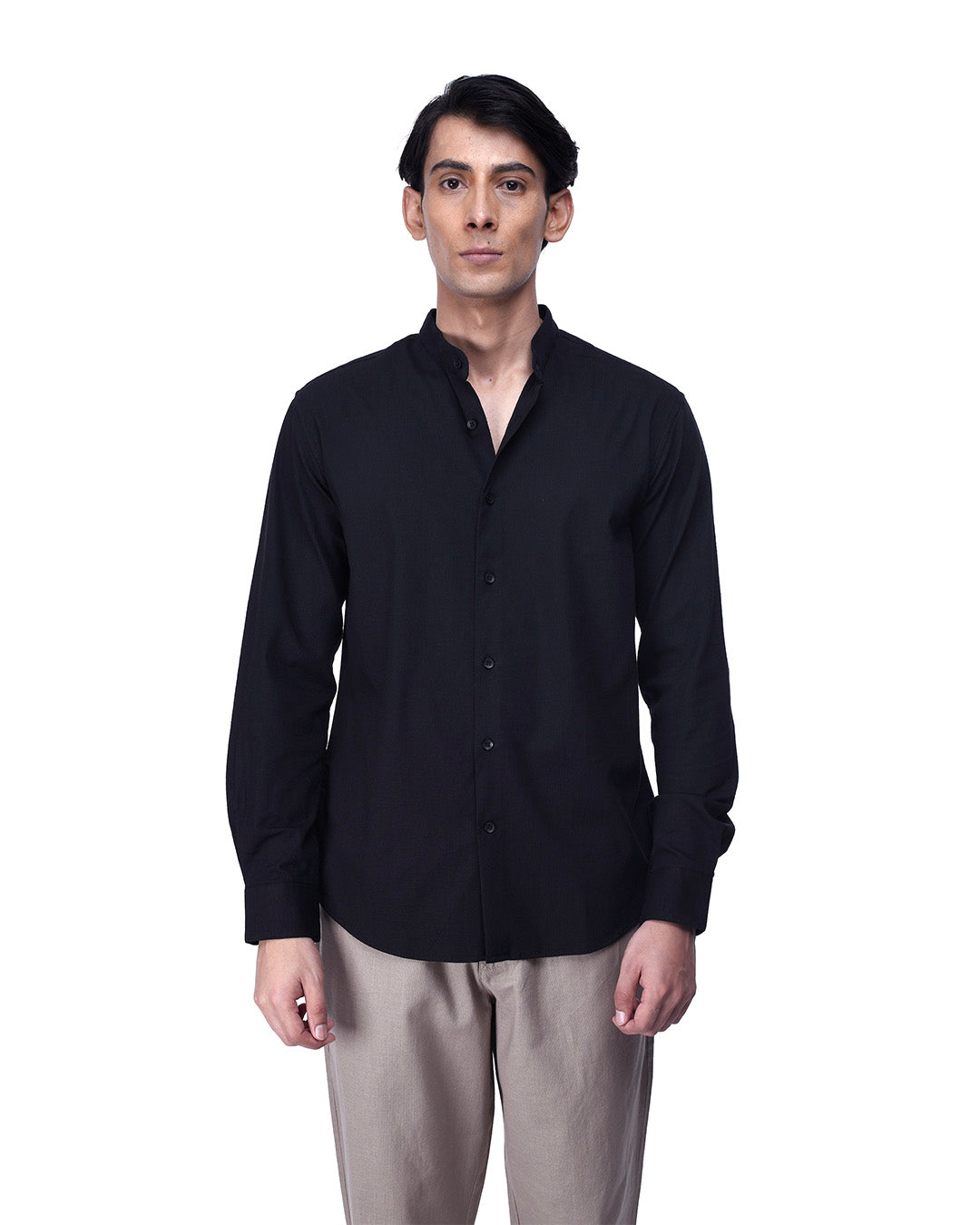 Easy Iron Textured Mandarin Shirt In Black