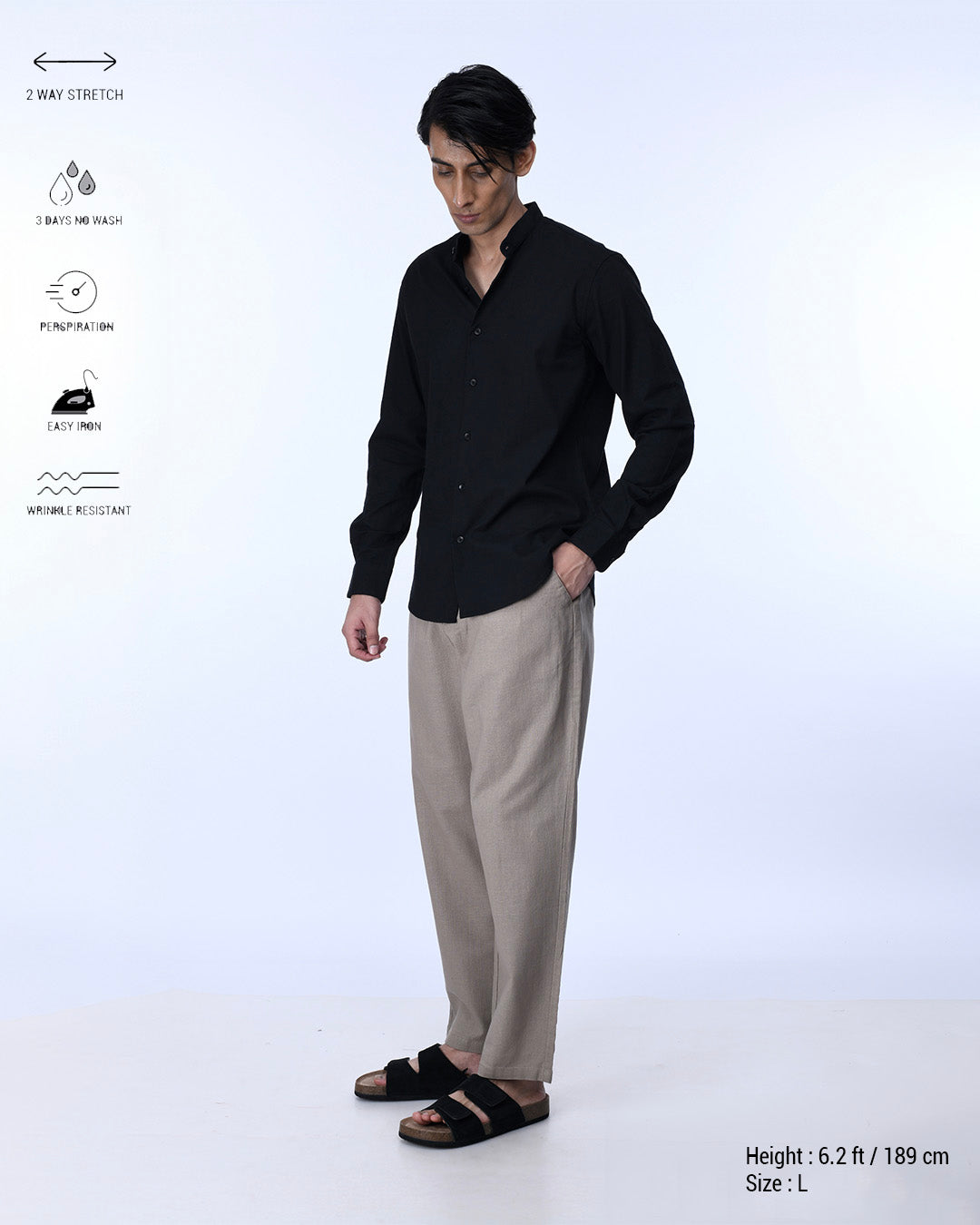 Easy Iron Textured Mandarin Shirt In Black