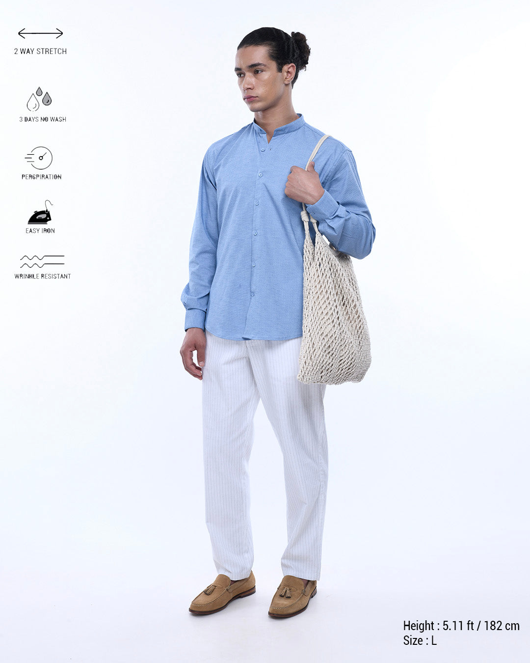 Easy Iron Textured Mandarin Shirt In Blue