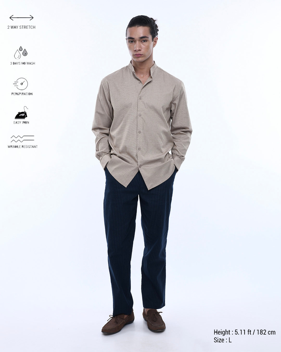 Easy Iron Textured Mandarin Shirt In Beige