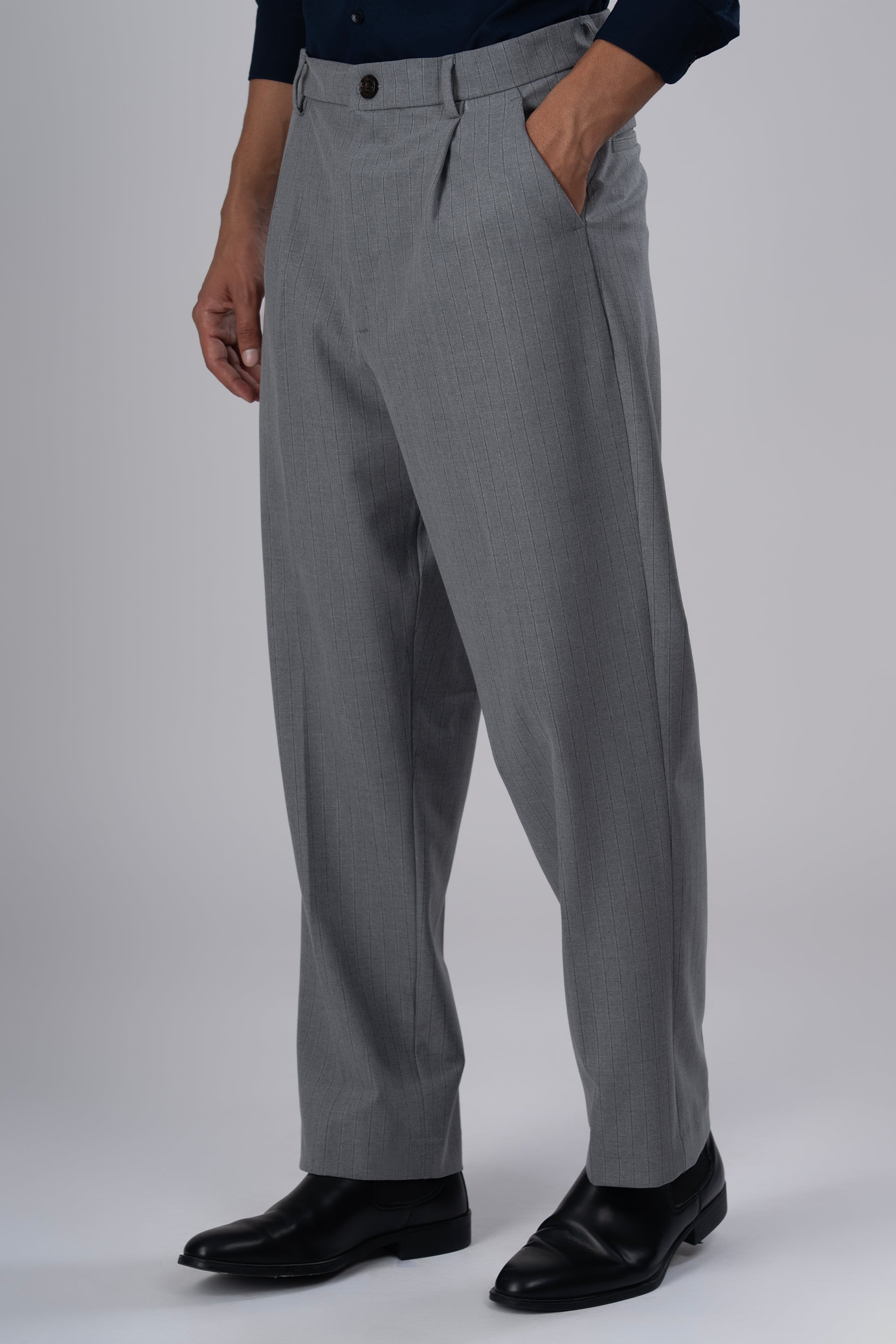 Easy Iron Striped Relaxed Trousers In Light Grey